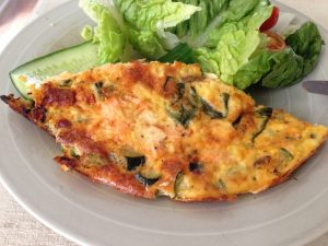 Zucchini, chorizo & Salmon frittata with salad