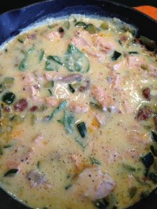 Egg, salmon, yoghurt mixture over zucchini and chorizo
